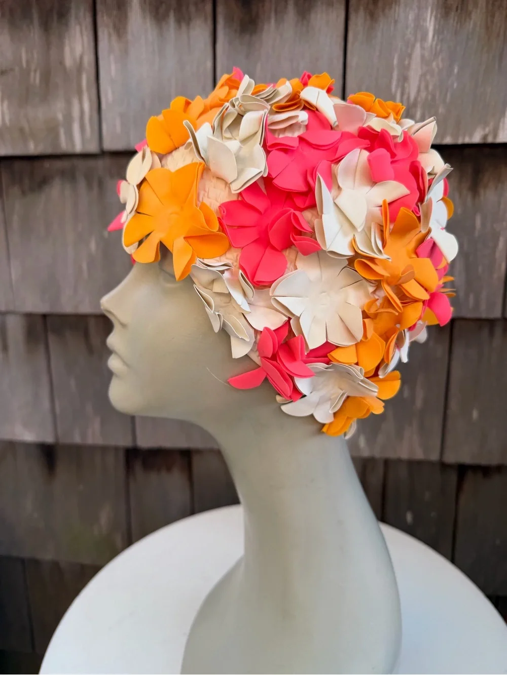 Funky retro rubber swim cap 3D flowers theme one size.
